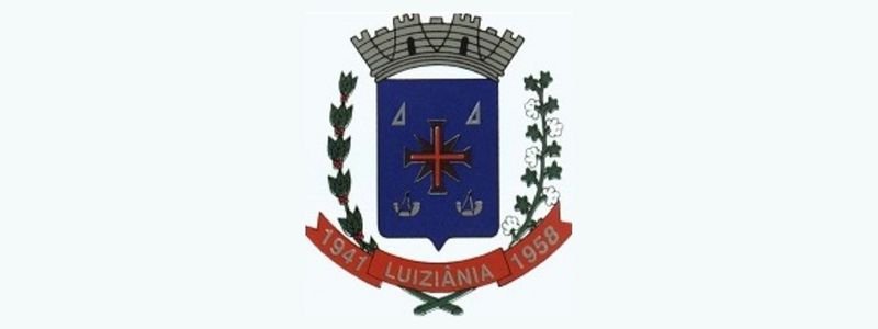 Brasão da Prefeitura de Luiziânia/SP com escudo azul, cruz central vermelha, duas âncoras, ramos laterais e faixa vermelha com os anos 1941 e 1958.