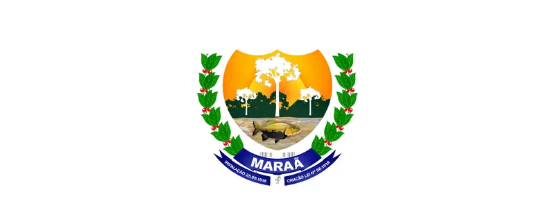 SEMED Maraã/AM abre processo seletivo com 1.266 vagas imediatas 1 Brasão do município de Maraã com escudo mostrando paisagem amazônica ao pôr do sol, árvores, rio com peixe e ramos verdes nas laterais com faixa azul inferior escrita MARAÃ