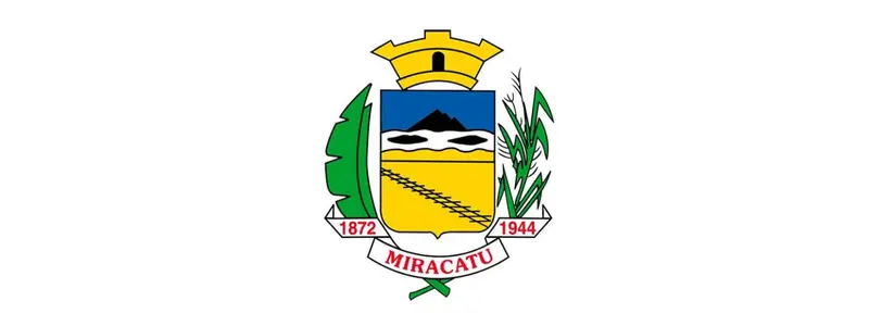 Concurso Miracatu-SP: 30 vagas imediatas de até R$ 7.128,00 1 Brasão do município de Miracatu com escudo colorido, ramos verdes laterais e faixa inferior com as datas 1872 e 1944 e o nome Miracatu.