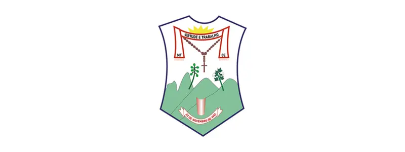 Brasão de Monsenhor Tabosa apresentando um escudo com montanhas verdes ao fundo, um terço centralizado, o lema Virtude e Trabalho no topo e a data 22 de novembro de 1951 na base.