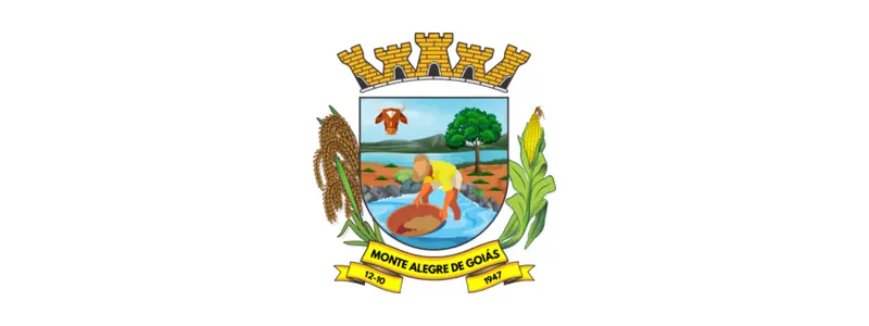 Brasão de Monte Alegre de Goiás com escudo colorido, coroa mural no topo, figura humana garimpando em rio, paisagem rural ao fundo, elementos agrícolas nas laterais e faixa com o nome do município e datas históricas.
