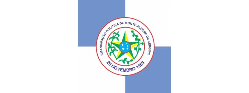 Monte Alegre de Sergipe abre concurso com 30 vagas p/ Guarda Municipal 1 Bandeira de Monte Alegre de Sergipe com fundo branco e azul e brasão central circular com estrela, ramos verdes e inscrição “Emancipação Política de Monte Alegre de Sergipe - 25 Novembro 1953”.