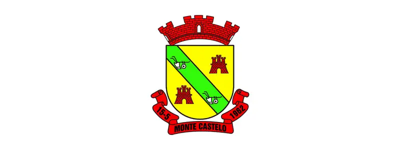 Brasão oficial do município de Monte Castelo, em Santa Catarina, com escudo amarelo e faixa verde diagonal, contendo torres vermelhas e tratores, encimado por coroa mural vermelha.