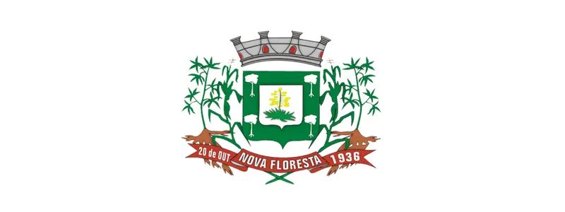 Brasão oficial de Nova Floresta/PB com escudo verde, elementos naturais, faixa com data de fundação e nome do município
