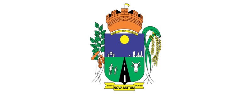 Nova Mutum/MT abre seleção com salários de até R$ 21,6 mil 1 Brasão do município de Nova Mutum-MT com torre, estrada, figuras humanas, boi, plantações e sol em fundo azul e verde.