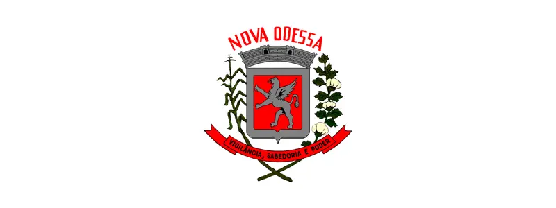 Brasão oficial do município de Nova Odessa com escudo vermelho, torre mural e ramos laterais sobre fundo branco
