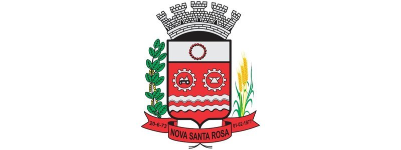 Brasão oficial do município de Nova Santa Rosa, PR, com engrenagens, plantações e uma coroa mural no topo. Autor: Wagner/Wikimedia Commons
