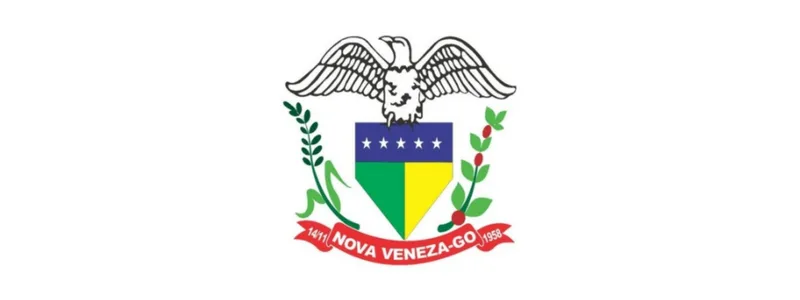 Nova Veneza-GO abre concurso c/ 224 vagas de até R$ 4,3 mil 1 Brasão de Nova Veneza-GO com águia no topo, escudo colorido ao centro, ramos laterais e faixa vermelha com o nome e datas