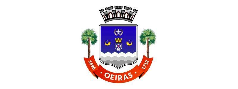 SEMED Oeiras/PI lança processo seletivo com 159 vagas 1 Brasão do município de Oeiras, Piauí, com escudo azul, coroa, elementos dourados, duas palmeiras laterais e faixa vermelha com datas 1696 e 1712.