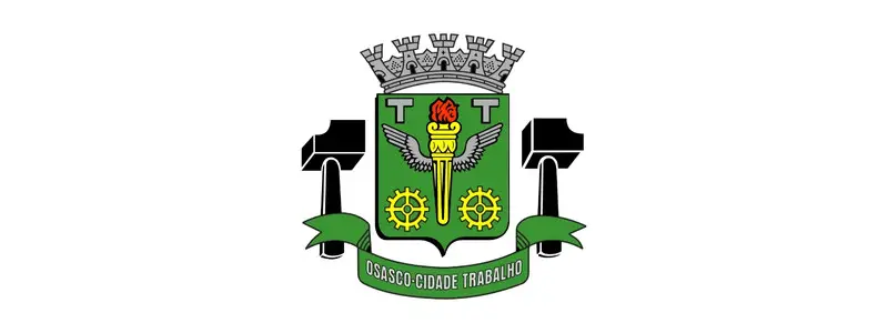 Osasco/SP abre concurso com 146 vagas de até R$ 3.999,49 1 Brasão de Osasco-SP com coroa prateada, tocha alada central, engrenagens douradas, martelos laterais e faixa verde com o lema "Osasco Cidade Trabalho"