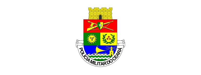 Brasão da Polícia Militar do Ceará - PMCE em formato de escudo multicolorido, com ícones regionais, coroa mural dourada e o nome da instituição na base.
