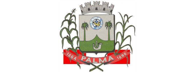 Brasão do município de Palma, Minas Gerais, com escudo central contendo uma paisagem com duas palmeiras, um lago e uma âncora; no topo, um círculo azul com estrela e a frase "VERBONUMET OPUS"; ao redor do escudo, ramos de cana-de-açúcar e uma faixa vermelha com as datas 1864 e 1890 e o nome "PALMA".