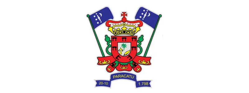 Paracatu/MG abre processo seletivo com salários de até R$ 2.975,54 1 Brasão do município de Paracatu com escudo central vermelho, coroa dourada, ramos verdes, duas bandeiras azuis laterais e faixa azul inferior com datas e o nome Paracatu