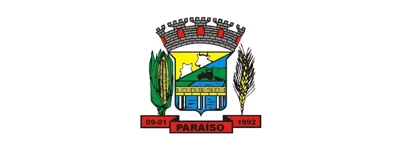 Brasão do município de Paraíso-SC com escudo colorido, torre no topo, ramos laterais, paisagem rural ao centro e a inscrição Paraíso com a data de 1992