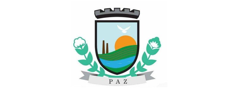 Brasão da Prefeitura de Paramoti-CE com ilustrações de sol nascente, paisagem verde, rio, pombas, ramos de algodão e a palavra "PAZ" na faixa inferior.