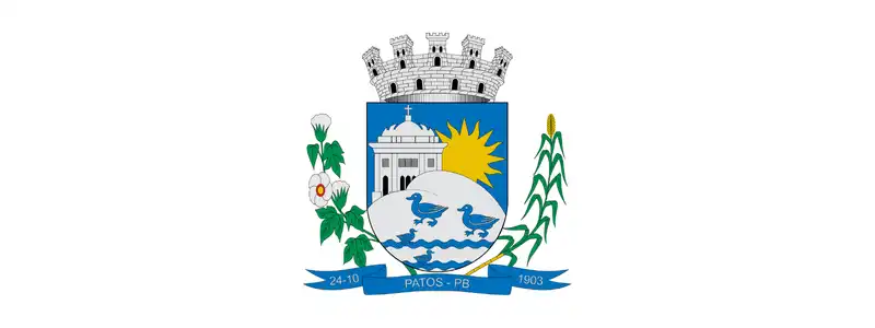 Patos/PB abre processo seletivo com 35 vagas imediatas para ACS 1 Brasão oficial do município de Patos/PB com escudo azul, sol, igreja, duas aves em lago, ramos de algodão e milho e coroa mural na parte superior