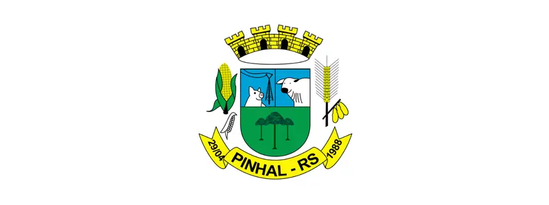 Prefeitura de Pinhal/RS abre processo seletivo com salários de até R$ 5,5 mil 1 Brasão do município de Pinhal-RS com escudo verde e azul, símbolos agrícolas e pecuários, coroa mural no topo e faixa com o nome Pinhal-RS e o ano de 1988