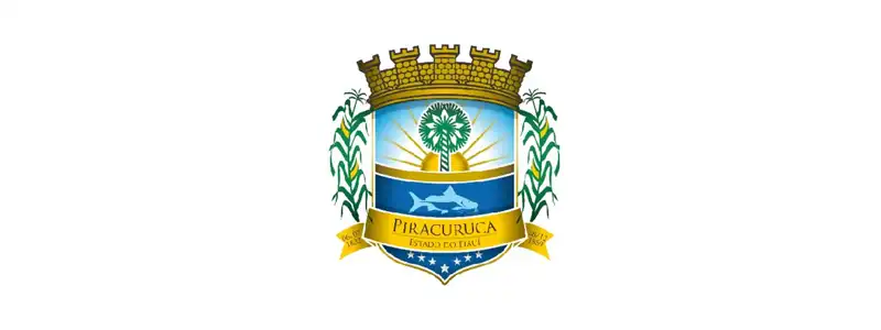 Brasão oficial de Piracuruca-PI com escudo azul, sol nascente, peixe, palmeira e ramos verdes laterais, coroado por muralha dourada e faixa com o nome do município