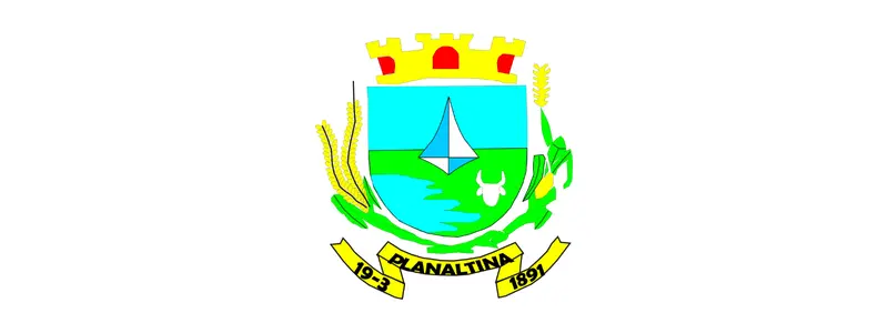 Planaltina GO abre concurso com 1240 vagas de até R$ 9,5 mil 1 Brasão de Planaltina GO com escudo azul, vela náutica ao centro, elementos agrícolas laterais e faixa amarela com o nome do município e datas.