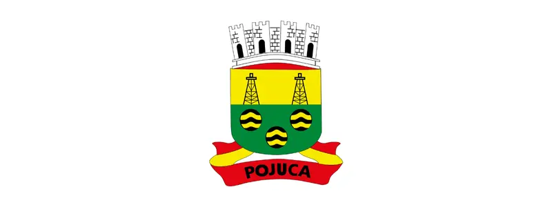 Processo seletivo em Pojuca – BA oferece 16 vagas imediatas 1 Brasão do município de Pojuca na Bahia com torres, escudos verdes e amarelos, símbolos de petróleo e faixa vermelha com o nome Pojuca.