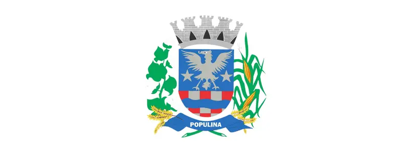 Prefeitura de Populina/SP abre concurso com salários de até R$ 4,6 mil 1 Brasão de armas de Populina, São Paulo, composto por um escudo azul com uma águia branca central e duas estrelas laterais. O escudo possui uma base enxadrezada em vermelho e prata com uma faixa azul ondulada. É adornado por ramos de café e milho, encimado por uma coroa mural de prata e finalizado com uma faixa azul inferior contendo o nome da cidade.