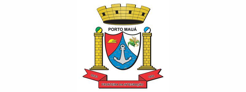 Brasão do município de Porto Mauá-RS com uma âncora central, colunas laterais e faixa com os dizeres "Fronteira da Integração", além dos anos 2003 e 1992.