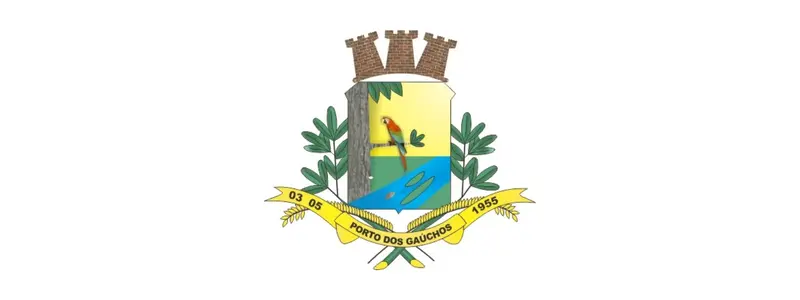 Brasão do município de Porto dos Gaúchos com coroa mural, escudo contendo paisagem com rio, árvore e ave, ladeado por ramos verdes e faixa com nome e datas.