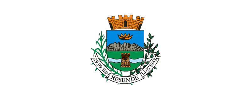 Brasão do município de Resende com coroa mural, montanhas ao centro, faixa com datas e ramos laterais.