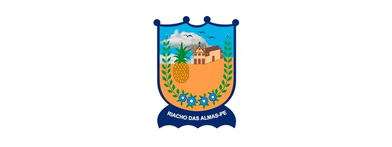 Concurso Riacho das Almas/PE: 104 vagas de até R$ 3.650,82 1 Brasão oficial do município de Riacho das Almas, Pernambuco, com desenho de uma paisagem, uma igreja, um abacaxi, ramos verdes e três engrenagens azuis na base.