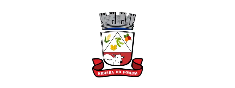 Brasão oficial de Ribeira do Pombal com escudo dividido em campos simbólicos, torre no topo e faixa vermelha com o nome do município na parte inferior