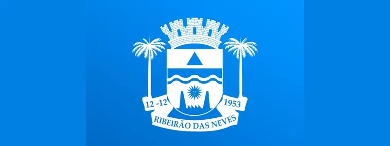 Brasão oficial de Ribeirão das Neves em fundo azul, com escudo central, coroa mural no topo, palmeiras laterais, elementos aquáticos, sol, montanhas e a inscrição “Ribeirão das Neves” com as datas 12-12 e 1953.
