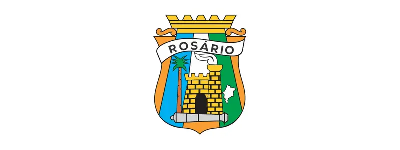 Concurso: Brasão da Prefeitura de Rosário/MA com torre amarela, palmeira, mapa do estado e faixa com o nome Rosário.