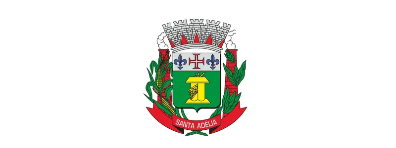 Brasão oficial do município de Santa Adélia com escudo central verde e amarelo, coroa mural no topo, ramos laterais e faixa vermelha com o nome da cidade na base