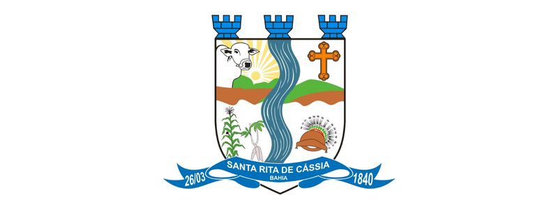 Brasão do município de Santa Rita de Cássia, BA, com torreões azuis, rio central, elementos da fauna, flora, cultura local e faixa azul com datas e nome da cidade
