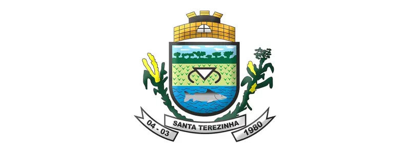 Brasão oficial de Santa Terezinha com escudo colorido, elementos naturais, peixe, lavoura, água, ramos laterais, inscrição Santa Terezinha e data de 1980
