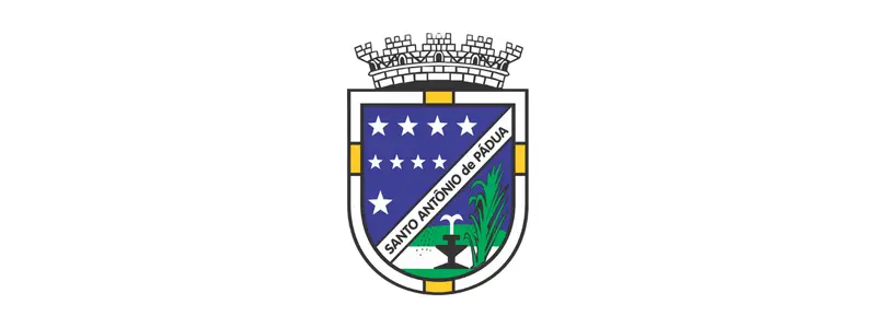 Brasão oficial do município de Santo Antônio de Pádua, com escudo azul, estrelas brancas, faixa com o nome da cidade, elementos naturais e coroa mural no topo.

