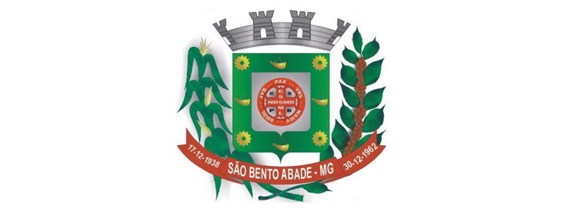 Brasão do município de São Bento Abade-MG com escudo verde, elementos agrícolas, uma coroa prateada no topo e faixa vermelha com datas comemorativas.