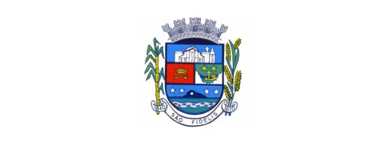 Brasão do município de São Fidélis, com escudo colorido, coroa mural no topo, símbolos agrícolas, paisagem, estrelas e faixa com o nome da cidade.
