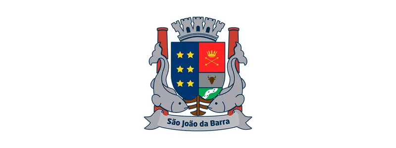 Brasão de São João da Barra com escudo dividido em cores e símbolos, ladeado por dois peixes, com coroa mural no topo e faixa inferior com o nome do município