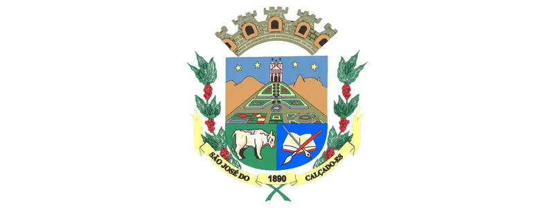 Concurso São José do Calçado-ES: 74 vagas de até R$ 2,8 mil 1 Brasão do município de São José do Calçado-ES com elementos como vaca, livro aberto, bandeira, montanhas, igreja e coroado por muralha.