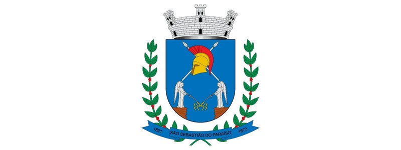 São Sebastião do Paraíso abre processo seletivo c/ 137 vagas 1 Brasão de São Sebastião do Paraíso-MG com escudo azul, elmo romano dourado, duas figuras vertendo água em vasos, ramos verdes laterais e coroa mural prateada no topo.