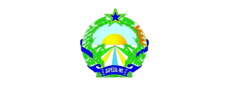 Sapezal abre processo seletivo com salários de até R$ 7 mil 3 Brasão do município de Sapezal-MT com sol nascente, estrela verde no topo, ramos laterais e faixa azul com o nome da cidade.