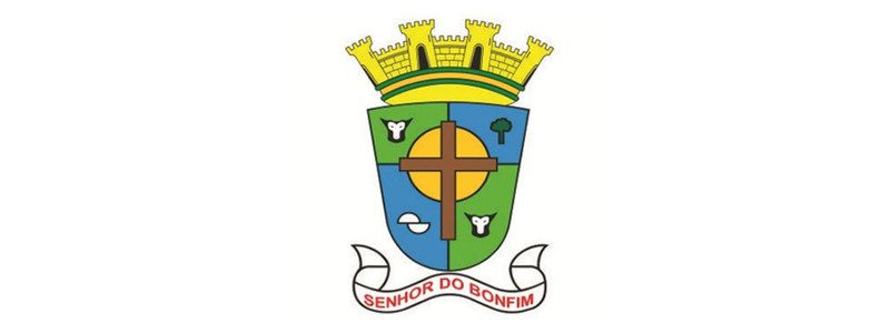Brasão do município de Senhor do Bonfim, Bahia, com coroa amarela no topo e escudo dividido em símbolos rurais, religiosos e naturais.