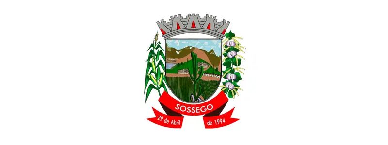 Brasão do município de Sossego, na Paraíba, com escudo central mostrando paisagem rural, cacto e plantações, ladeado por ramos de milho e algodão, coroa mural no topo e faixa vermelha com o nome Sossego e a data 29 de abril de 1994.