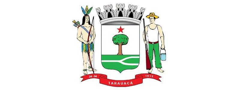Brasão do município de Tarauacá-AC com árvore central, estrela vermelha acima e figuras de um indígena e um trabalhador ao lado.