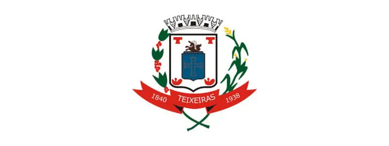 Teixeiras-MG abre seleção com 78 vagas de até R$ 4.034,05 1 Brasão do município de Teixeiras-MG com escudo central azul, elementos agrícolas nas laterais, coroa prateada no topo e faixa vermelha com o nome e datas.
