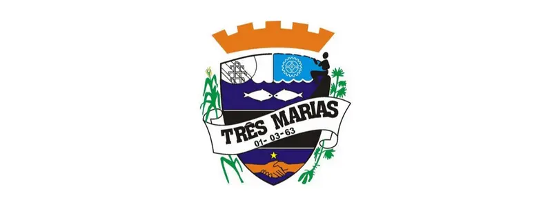 Três Marias-MG abre 40 vagas p/ ACS e ACE em Processo Seletivo 1 Brasão oficial da Prefeitura de Três Marias-MG com escudo, coroa mural alaranjada, peixes, engrenagem, aperto de mãos e faixa com o nome e a data 01-03-63.