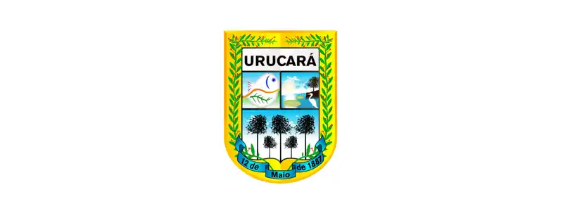 Prefeitura de Urucará-AM abre concurso com 192 vagas imediatas 1 Brasão do município de Urucará, Amazonas, com elementos naturais, árvore, rio e peixe, cercado por ramos verdes e faixa azul com a data de 12 de maio de 1897.