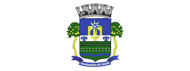Valparaíso/GO abre concurso com 3188 vagas com salários de R$ 6.084,71 1 Brasão da Prefeitura de Valparaíso de Goiás com escudo azul, amarelo e verde, estrela central, árvore em cada lado e faixa inferior com o nome do município