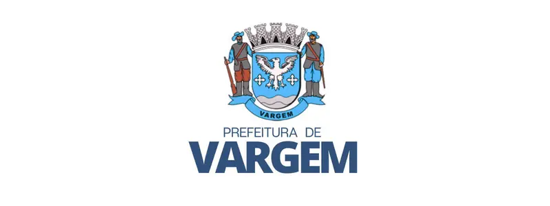 Brasão oficial da Prefeitura de Vargem com escudo central azul, águia branca, elementos históricos laterais e o texto “Prefeitura de Vargem” abaixo do símbolo.